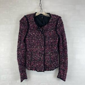 White House Black Market Tweed Jacket Fringe Trim Zip Pockets Pink Black Size S